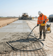 Oztec flexible shaft connected to concrete vibrator motor during structural concrete pour