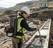 Construction worker wearing Oztec gas power backpack operating concrete vibrator on foundation pour