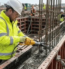Oztec rebar shaker attached to reinforcement bars during reinforced concrete wall pour