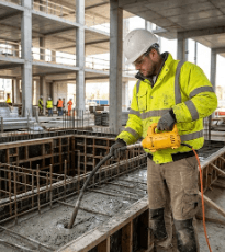 Oztec electric concrete vibrator motor operating with flexible shaft during concrete pour