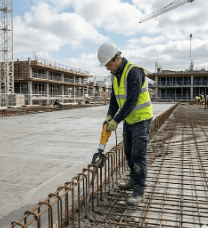 Contractor using Oztec rebar shaker attached to reinforcement bars during concrete placement