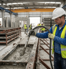 Construction worker operating Oztec flexible shaft concrete vibrator during foundation pour