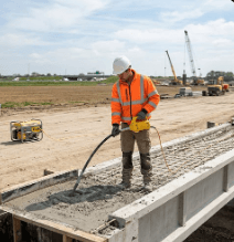 Contractor operating Oztec electric concrete vibrator motor during slab pour