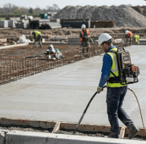 Oztec gas power backpack unit powering concrete vibrator during slab construction